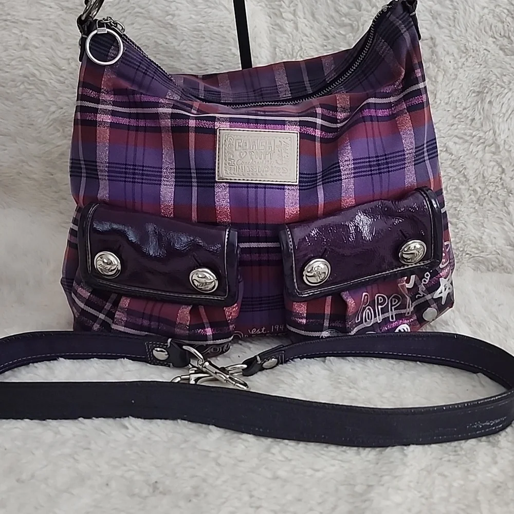 Coach Poppy Purple Tartan Metallic Shoulder Bag Purse - Picture 2 of 16